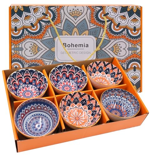 inheming 6Pcs Ceramic Serving Bowls,Bohemian Rice Bowls, 10oz/300ml Small Spice Bowls for Soup, Cereal, Desserts Rice Dessert Bowl with Gift Box,Microwave & Dishwasher Safe