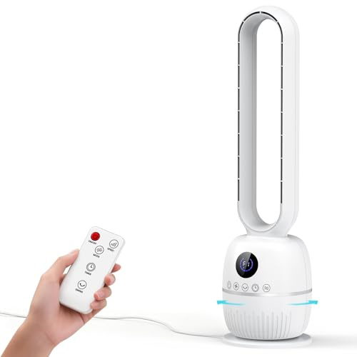 Teoryieer Bladeless Tower Fan Silent Electric Cooling Fan with Remote Control, 60° Oscillating 12 Speeds 12H Timer, Quiet & Powerful Electric Standing Bladeless Floor Fan for Bedroom & Office (white)