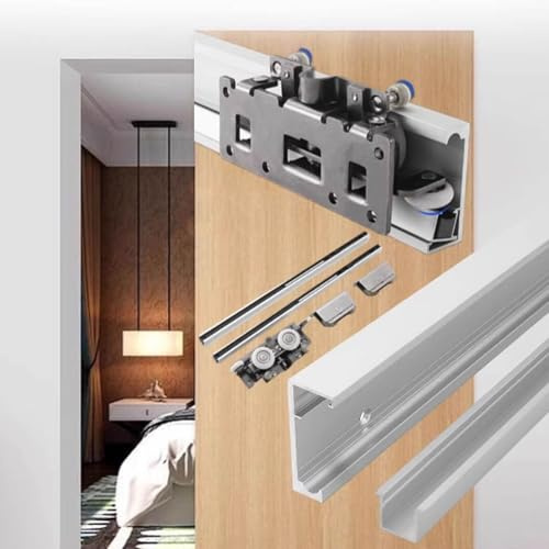 Kit Porte Coulissante Porte de Grange Coulissante avec Miroir et Rail Dissimulé, Ferrures de Porte de Placard Invisibles, Kit de Fermeture Amortie pour Porte Escamotable Murale(55in/140cm)