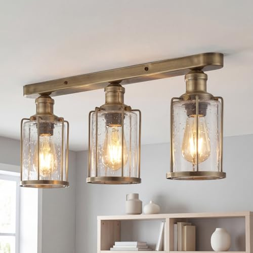 Licht-Erlebnisse Deckenlampe Industrial Messing Antik Regenglas Küche Wohnzimmer Esszimmer Lampe Factory Stil L:57,5 cm E27 3-flammig Flur Deckenleuchte Vintage
