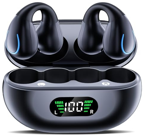 Paekole Auriculares Inalámbricos Bluetooth 6.1 Open Ear Clip, Audífonos Deportivos Ultraligeros Oreja Abierta, Pantalla LED 40H Autonomía, Micrófono ENC IPX7 para Running Ciclismo Gimnasio Oficina