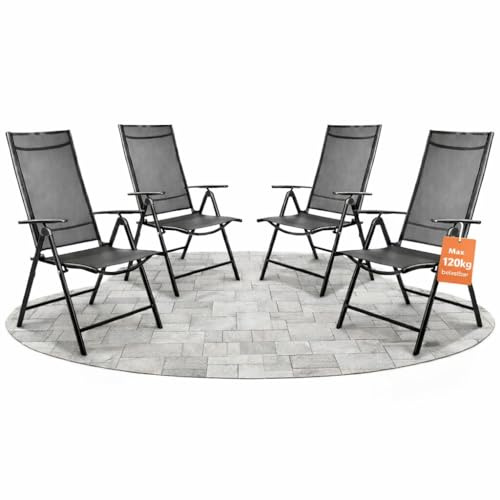BigDean 4 Gartenstühle Hochlehner klappbar bis 120kg belastbar grau schwarz | 7-fach verstellbarer Balkonstuhl für Garten Terrasse & Camping - Klappstuhl Balkon Gartenstühle