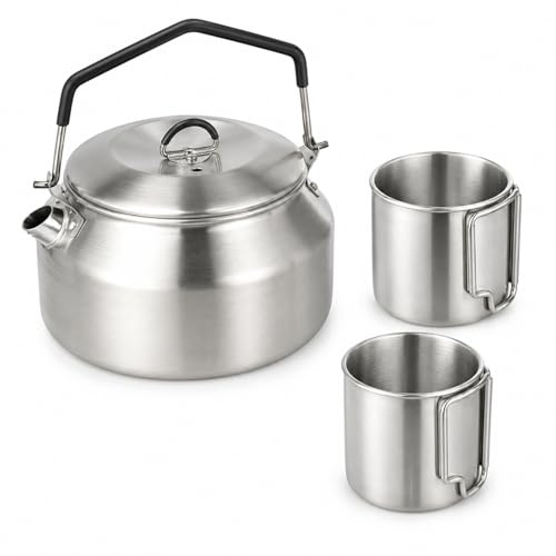 Raoletin 3PCS Camping Kettle 1L Camping Kettle for Gas Stove, Stainless Steel Teapot with 2 Foldable Cups for Boiling Water, Tea and Coffee, Portable Stove Top Kettles for Picnic, Hiking and Travel
