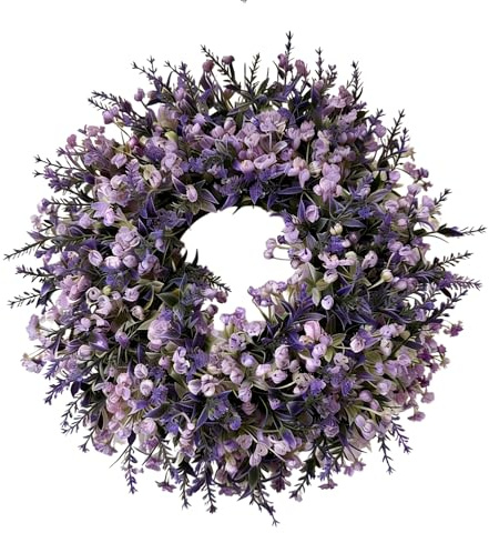 Künstlicher Lavendelkranz – Naturgetreuer Handgefertigter Blumenkranz mit Lavendel, Frühlingskranz für Haustür, Wand, Büro, Feiertage und Wohndekoration (Lila 40cm)