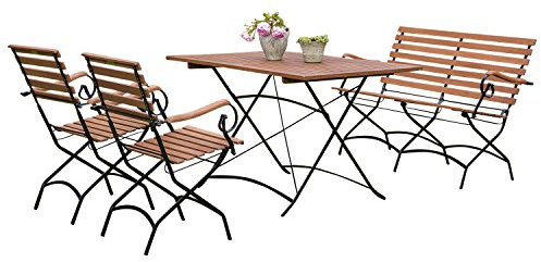 gartenmoebel-einkauf Klappgarnitur Schlossgarten 4-teilig (2X Armlehnensessel, 1x Bank 2-sitzer, Tisch 80x120cm), Stahl + Eukalyptus, FSC®-Zertifiziert