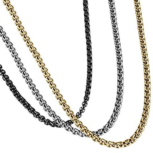Flongo 3 Stück 4mm Breite Edelstahl Halskette Panzerkette Weizenkette Kette Link Silber Schwarz Gold Golden Herren, Damen 61cm