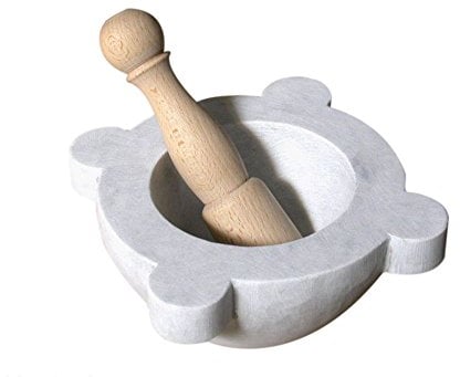 Mortier de cuisine en marbre blanc avec pilon en bois White Marble Mortar 20 cm
