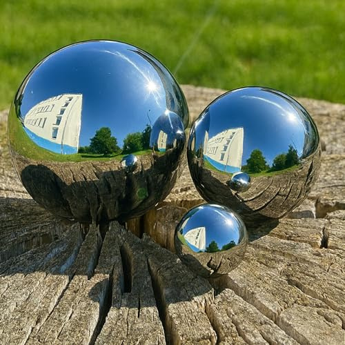 Köhko 3er Gartenkugeln poliert aus hochwertigem Edelstahl 4, 8 und 12 cm Dekokugeln-Set