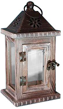 TentHome Vintage Holz Laterne mit Metalldach Holzlaterne Windlicht Stalllaterne Leuchte Kerzenhalter Kerzenleuchter Teelichthalter Dekoration (Natur, 22x11x11CM)