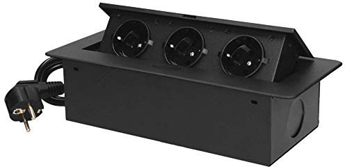 ORNO 1534796 OR-AE-1337(GS) Versenkbare Einbau Steckdosenleiste 3-fach 3600W, Anschlussfertig mit 1.5m Kabellänge Schukokabel, Schwarz