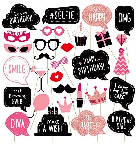 Birthday Photo Booth Props Kit - Happy Birthday Party Favors Supplies Bday Party Decoration Set with Real Glitter Cute Bday Designs for Women - Easy to Assemble 30 Pieces (Rose Gold)