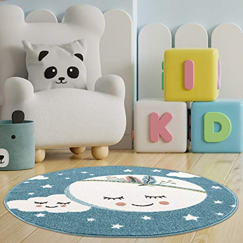 payé Teppich Rund Kinderzimmer - Blau - 120x120 cm - Mond Wolke Sterne - Himmel- Kurzflor Kinderteppich Spielteppich Jungen und Mädchen - Oeko-Tex Standard 100