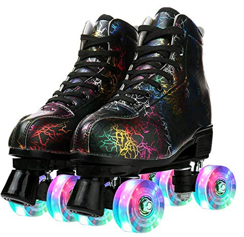 Unisex Roller Skates Double Raw Four Wheels Classic High-top PU Leather Lighting Roller Skates Shoes for Beginner Womens Mens Boys Girls Indoor and Outdoor (Lightning Black Flash Wheel,42)