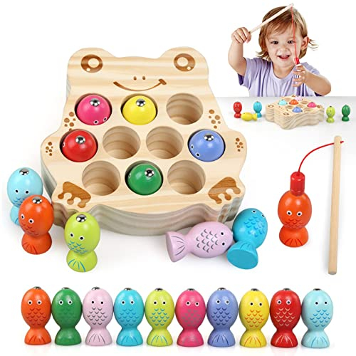 BelleStyle Magnetische Angelspiel ab 2 Jahre, Montessori Spielzeug 2 Jahre, 10 Stück Holzspielzeug Fische Angeln Spiel Holz Magnetspiel, Motorikspielzeug Geschenk für 2 3 4 Kinder Junge Mädchen