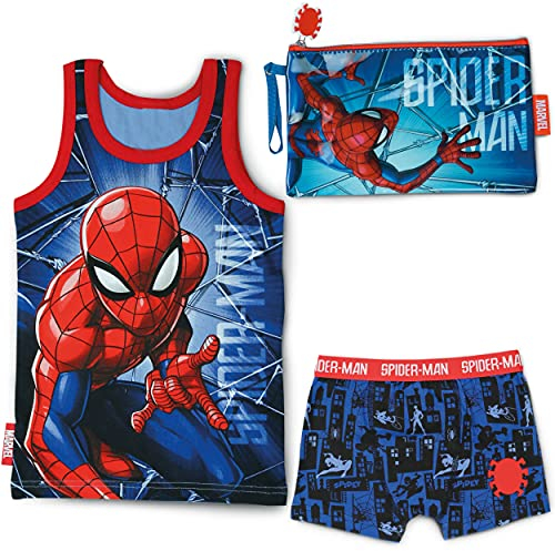 BONNYCO Pyjama Enfant Garcon et Trousse de Toilette Spiderman - Vetement Enfant Garcon pour L'été | Pyjama Garcon avec Sac de Voyage pour Accessoires de Bain | Ensembles de Pyjama Garçon & Trousse