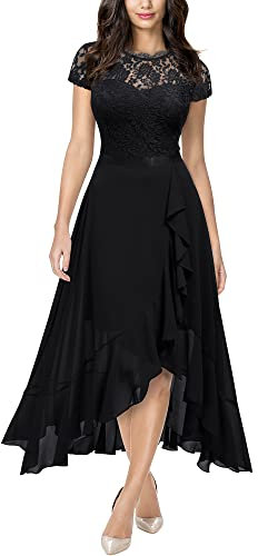 MIUSOL Women's Elegant Floral Lace Ruffle Evening Formal Wedding Guest Party Maxi Dress (Large, Black)