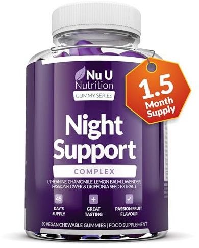 5HTP Night Support - Sleep Gummies for Adults - 90 Vegan Melatonin Alternative Gummies - Passionfruit Taste - High Strength Griffonia Simplicifolia, L-Theanine, Lavender & Chamomile - Nu U Nutrition