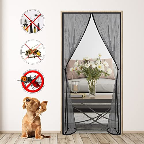 Magnet Fly Screen Door Insect Protection, 120x205cm Installation Magnétique De Rideau Adhésif Sans Perçage, Fermeture Magnétique Plein Cadre Noir