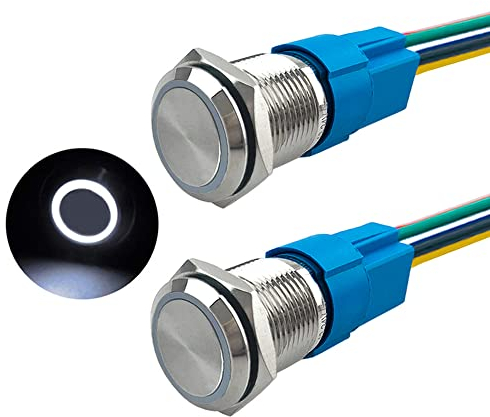 Aiqeer 2 Piezas 16 mm Interruptores de Botón Momentáneo, 12V / 24V 5A Interruptor de Botón LED Blanco, Interruptor Pulsador Metálico Impermeable, con Enchufe Precableado