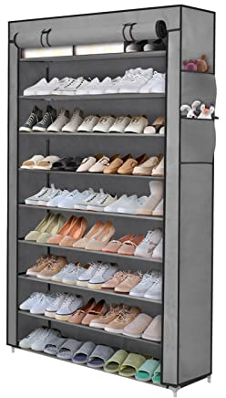 XJYMCOM 10-Tier Shoes Rack with Dustproof Cover 160 * 100 * 30cm Non-Woven Fabric Shoe Storage Cabinet Shoe Organizer Shoe Rack Stand Hold up to 50 Pairs , Grey