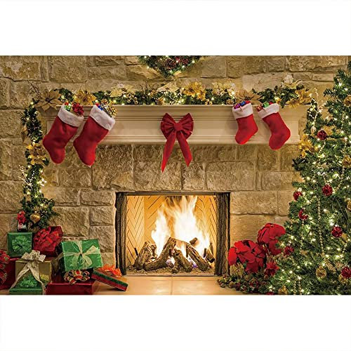 Aoihrraan 4,5x3m Weihnachtshintergrund Xmas Eve Fireplace Glitter Tree Rote Socke Fotografie Hintergrund Babyparty Frohes Neues Jahr Urlaub Party Banner Porträt Fotostudio Requisiten