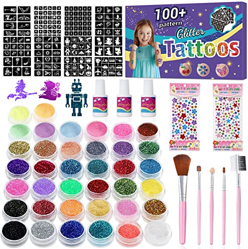 Glitzer Tattoo Set - 38 Farben,Temporäre Tattoo Glitzer für Kinder,Fasching Glitzer Make-up Kit für Mädchen,211 Schablonen,3 Klebstoffen, 215 Strasssteinen,Geschenken für Geburtstag Karneval.