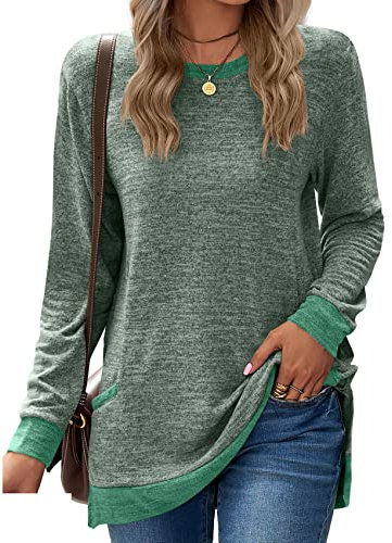 Damen Rundhalsausschnitt Farbblockierung Tasche Langarm Pullover Top Lose Casual Pendler T-Shirt
