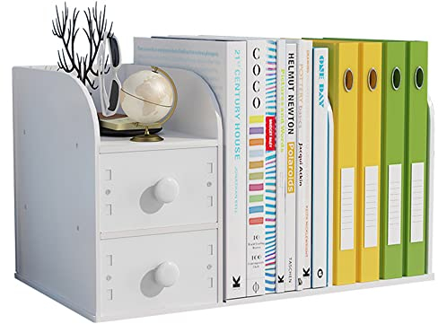 Hggzeg Desktop Bookshelf with Drawer, Small Countertop Bookcase Desk Organiser Office Supplies Storage Rack(White)
