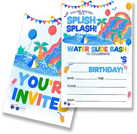 EUDOSI Water Slide Birthday Splash Party Invitations Supplies Fill-In Set of 20 with Envelopes Pool Party Birthday Invites Cards, Double Sided