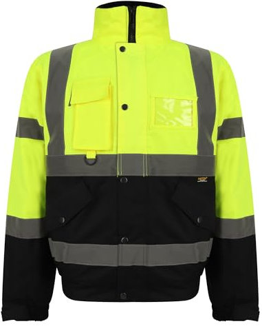 Grunge Wear® Hi Vis Viz Bomber Jacket High Visibility Workwear Safety Security Hooded Padded Waterproof Taped Seams Work Wear Coat Top (Yellow Navy, Large)