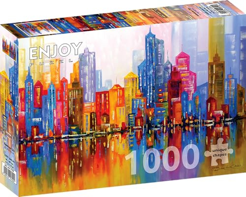 1000 Pieces Jigsaw Puzzle for Adults – Matte Finish, Soft Touch, Sturdy and Unique Pieces, Tight Fit, Vivid Colors, Missing Pieces Service – New York City Rainbow Skyline Painting – by ENJOY Puzzle