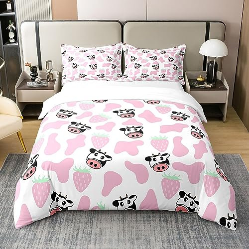 100% Bio-Baumwolle Milch Kuh Tröster Bezug Rosa Erdbeer Bettwäsche Sets Kawaii Milchkuh Krawatte Dye Bettbezug für Kinder Mädchen Frauen Bauernhof Tiere Aquarell Bettbezug mit 1 Kissenbezug 155x220