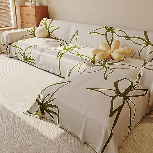 Mesnt Sofa Überzug Schlafsofa, Olivgrün Waschbar Sofa Protection Cover Schonbezug Couch mit Blumen aus Chenille, 180x130cm