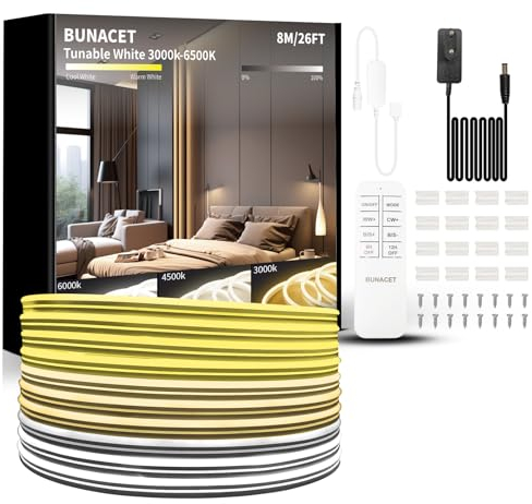 BUNACET LED Strip Warmweiss 8M 24V, LED Streifen Warmweiß 3000K-6500K Kaltweiß Dimmbar, Wasserdicht Flexibel LED Band mit Fernbedienung und Netzteil, Silikon Lichtband für Innen Aussen