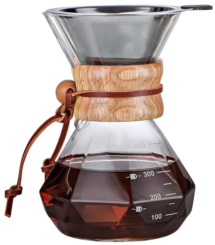 COFISUKI Pour Over Coffee Maker with Reusable Stainless Steel Drip Filter, Lead-Free Borosilicate Glass Coffee Carafe with Modern Wooden Collar for 1-2Cup, Diamond Clear (400ml/13.5oz)