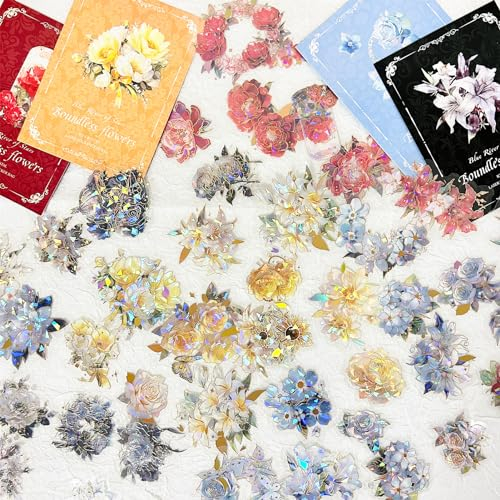 Arpaper Scrapbook Zubehör Stickers 80 Stück,Laser Bullet Journal Sticker PET Blume Scrapbooking Zubehör Glitzer Harz Set Scrapbooking Sticker Aufkleber Deko für Fotoalbum,Kalender(Flower spectrum 2)