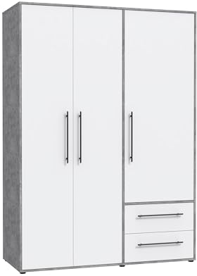 FORTE Jupiter Schrank 140 150, Kleiderschrank, Drehtürenschrank, 3-türig, mit 2 Schubladen und Einlegeböden, Betonoptik Grau und Weiß, 145 cm breit x 59 cm tief x 200 cm hoch