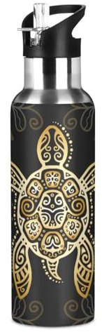 Bouteille d'eau isotherme en acier inoxydable avec motif tortue tribal pour garçons et filles, gourde isotherme avec paille anti-fuite, pour le sport, 600 ml