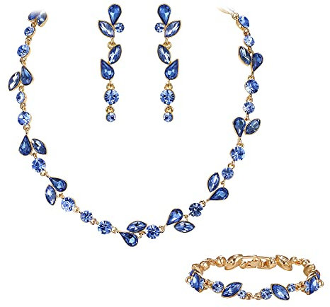 EVER FAITH Kristall Schmuck-Sets elegante Marquise- und Runde- Schliff Strass Blatt Halsketten, Ohrringe und Armband-Set für Damen Himmel Blau Gold-Ton