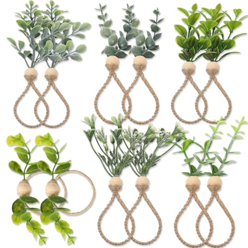 12 Set Serviettenringe, VEINARDYL Eukalyptus-Serviettenringe, Frühlings Bauernhaus serviettenringes für Boho-Tischdekoration Feiertags-Dinnerparty Hochzeit – 6 Stile