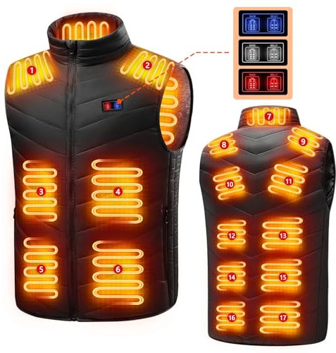 NEEMOSI Chalecos Calefactable Térmico Eléctrico con 17 Zonas de Calentamiento 3 Niveles de Temperatura, chaqueta de pluma para Hombre Mujer (FR/ES, Letras, L, Regular, Regular, Negro)