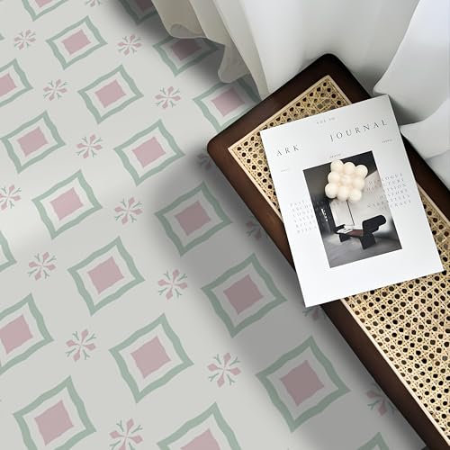 Alwayspon 12 Pcs 30cm x 30cm Pink and Green Waterproof Vinyl Floor Tiles, Peel and Stick Vinyl Flooring Planks for Kitchen, Living Room, Bathroom