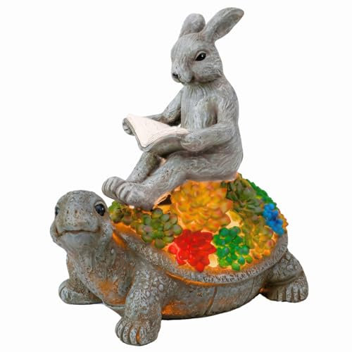 TERESA'S COLLECTIONS Garden Ornaments Outdoor, Rabbit Sitting on Tortoise with Solar Lights, Waterproof Resin Animal Ornaments, Rabiit and Tortoise Gfits, Indoor Outdoor 16CM