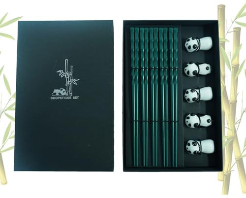 Palillos Reutilizables, 5 Pares Palillos de Fibra de Vidrio con Panda Soporte, Aptos para Lavavajillas, Chopsticks Japoneses Antideslizantes, Palillos Juego de Regalo para Sushi o Comidas, Fideos