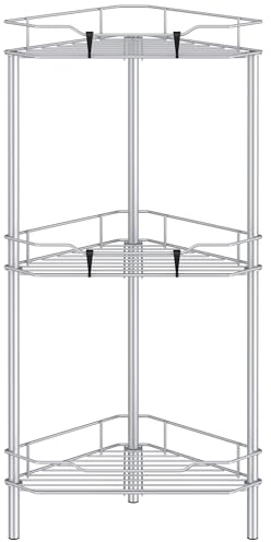 HuggieGems 3 Tier Floor Standing Corner Shower Caddy Organizer Shelf with Hooks, Bathroom Shelves Stand Rack, Silver