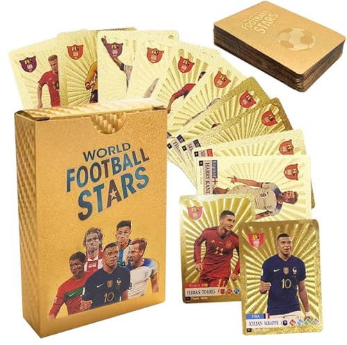 LUFEIS 55 Stück World Cup Fußball Star Karte, Fussballkarten, Soccer Star Collection Cards, Fußball Sammelkarte, Fußball Sammelkarte für Fans, Kinder, Jugendliche Und Erwachsene (Gold)