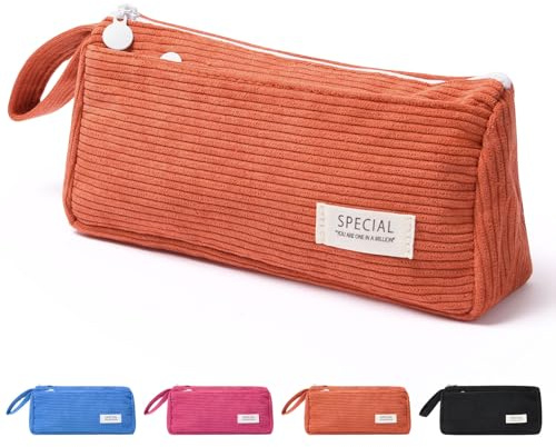 flintronic Trousse à Crayons en Velours Côtelé, Trousse en Velours Côtelé, Double Couche Pencil Case, pour Garçons et Filles, Articles pour et de Bureau pour Étudiants(Orange)