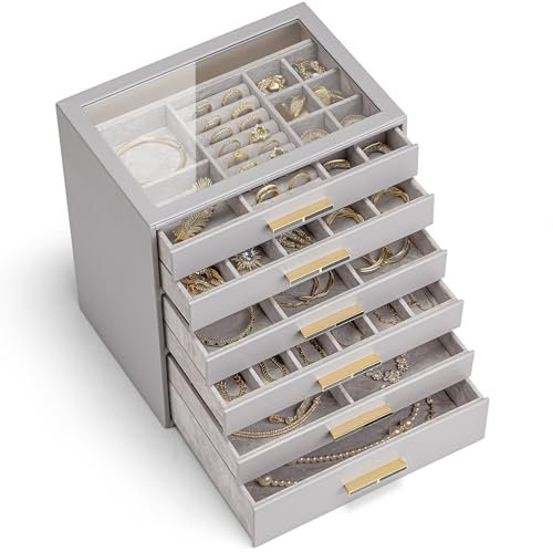 Vlando Schmuckkästchen Groß, Schmuckkasten mit 6 Ebenen, Schmuck Organizer mit Glasdeckel, 6 Schubladen,für Halsketten, Ohrringe, Uhren, Armbänder, Schmuckaufbewahrung, Modern, Cinderella Plus,Grau