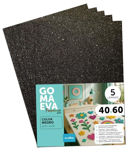 m-office Moosgummi Platten mit Glitzer 40x60cm, Bunte EVA Foam Bastelplatten für Kinder, DIY, Schule, Deko & Kunstprojekte – Ideal als Bastelpapier, Moosgummi mit Glitzer (Schwarz, 5 uds)
