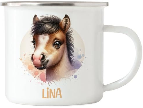 Kiddle-Design Kindertasse mit Namen Personalisiert, Personalisierte Tasse Kinder mit Pferd, Namenstasse Pferdetasse, Kinderbecher als Geschenk zur Taufe, Geburt Weihnachten - Emaille Tasse